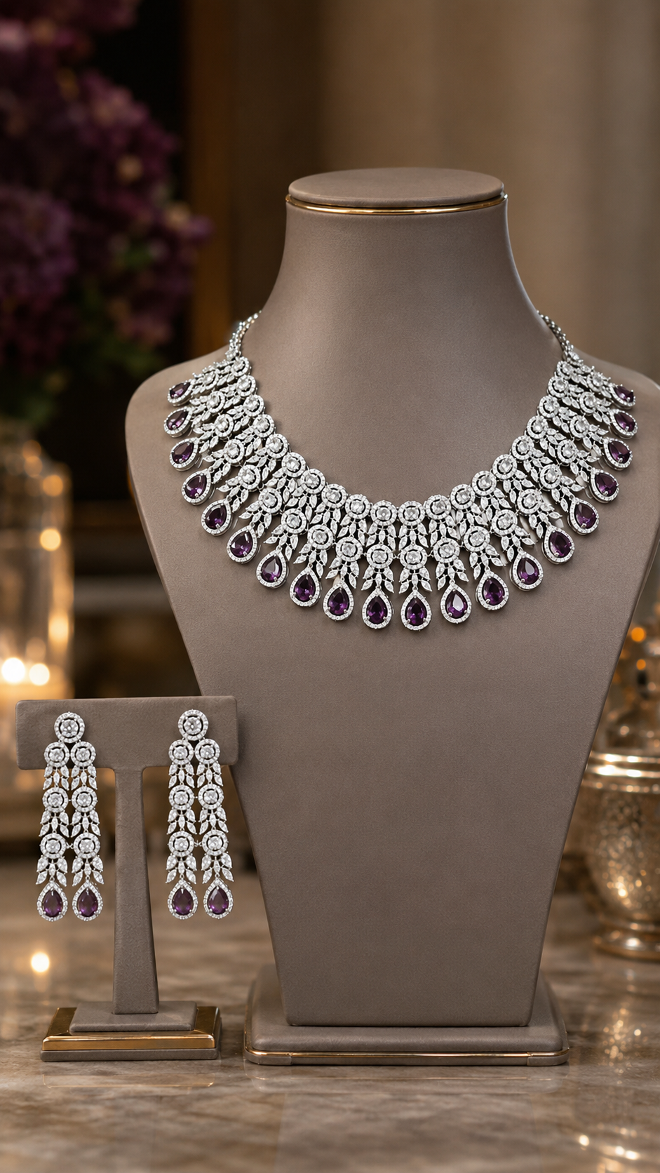 Hiya Purple Necklace Set White Rhodium