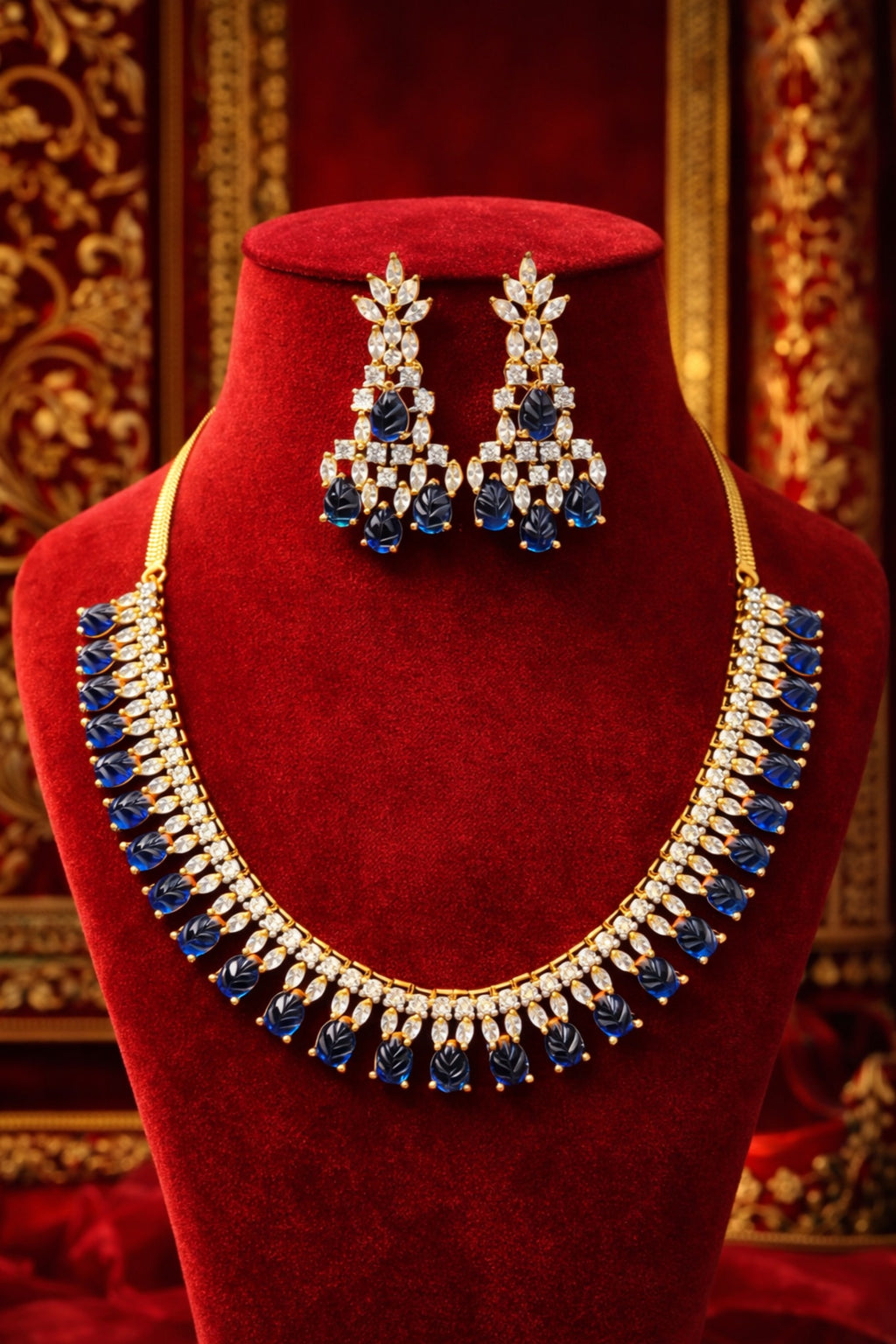 Sapphire Royal AD necklace set on red velvet