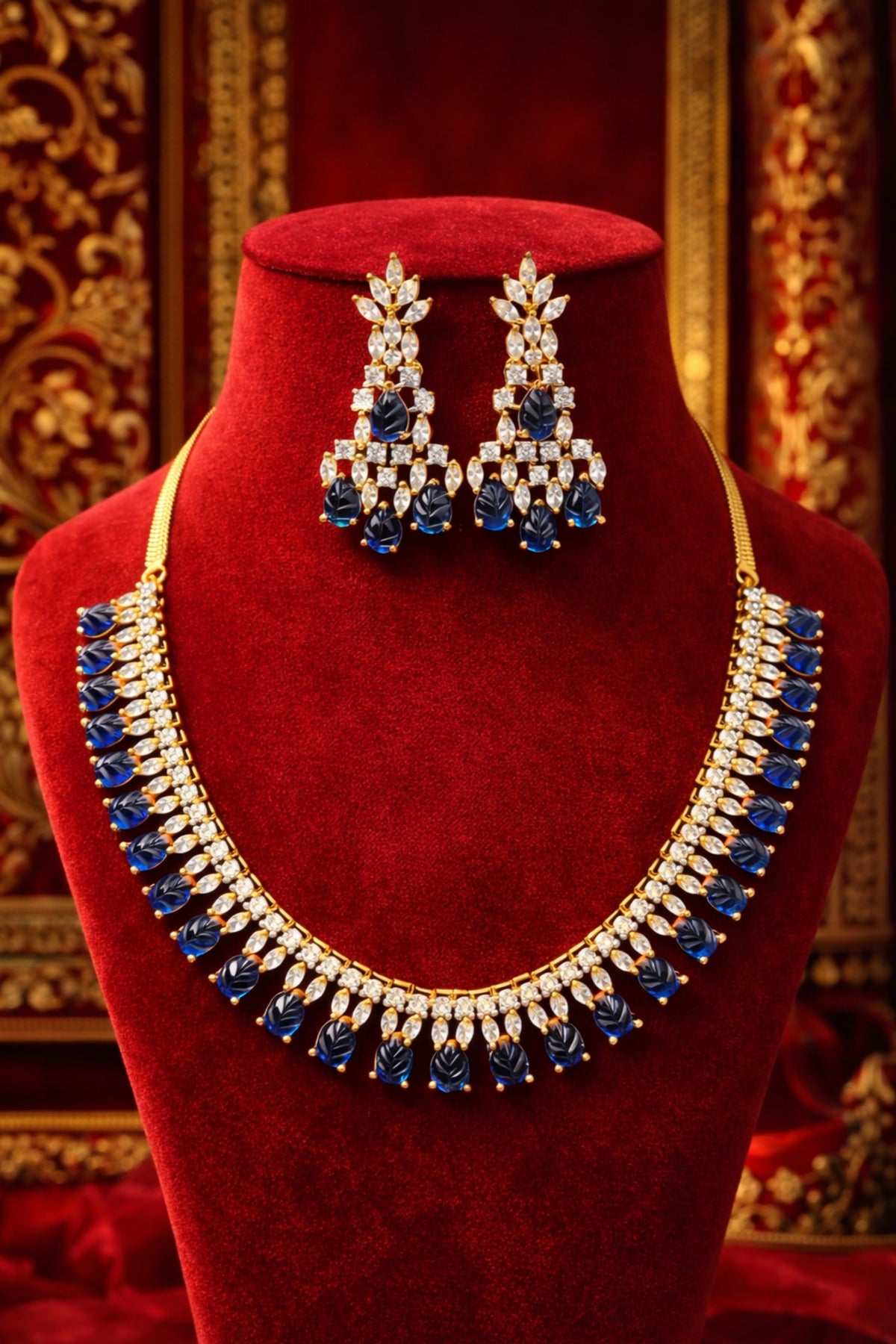 Sapphire Royal AD necklace set on red velvet
