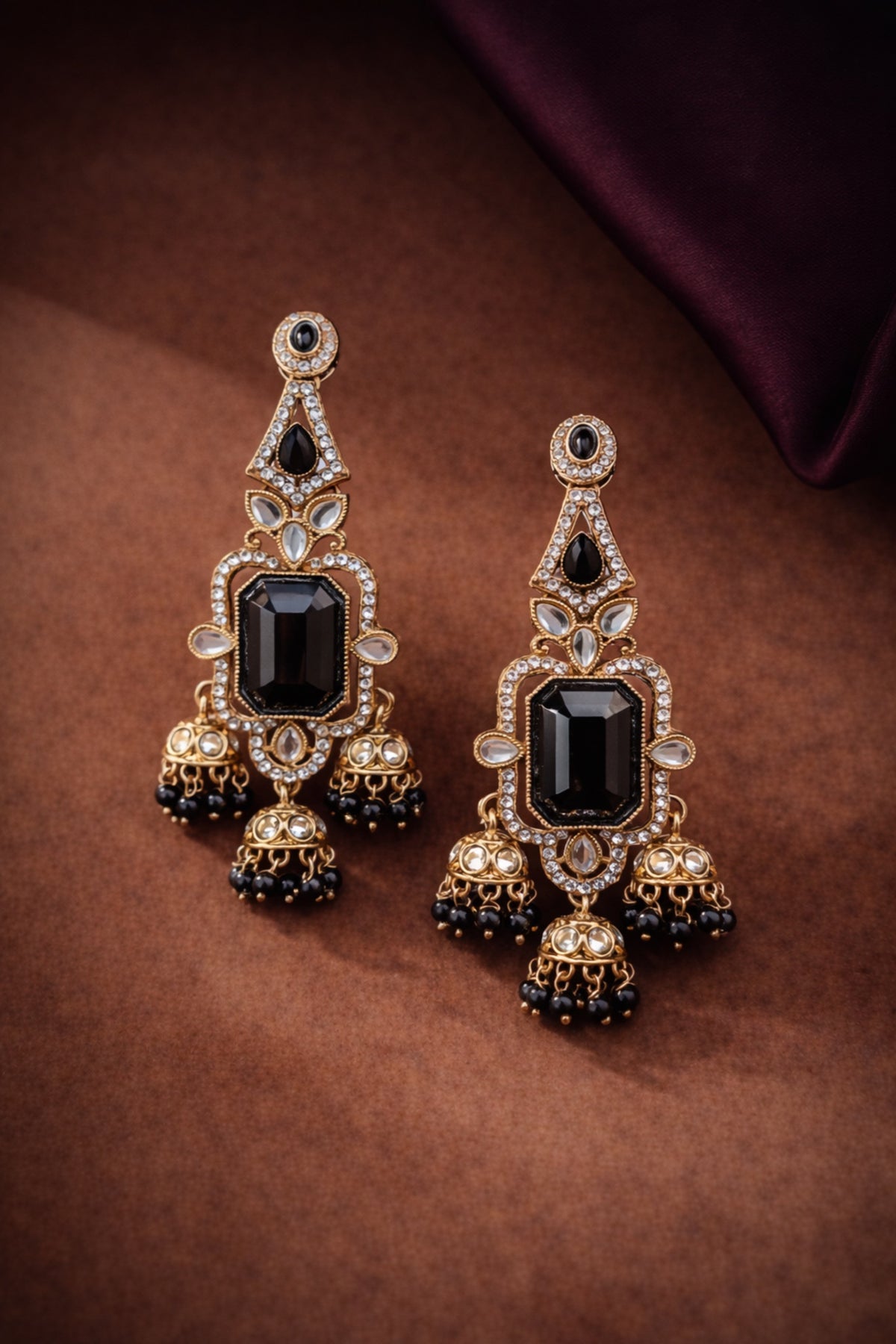 Quartz Royal AD jhumki earrings in royal black