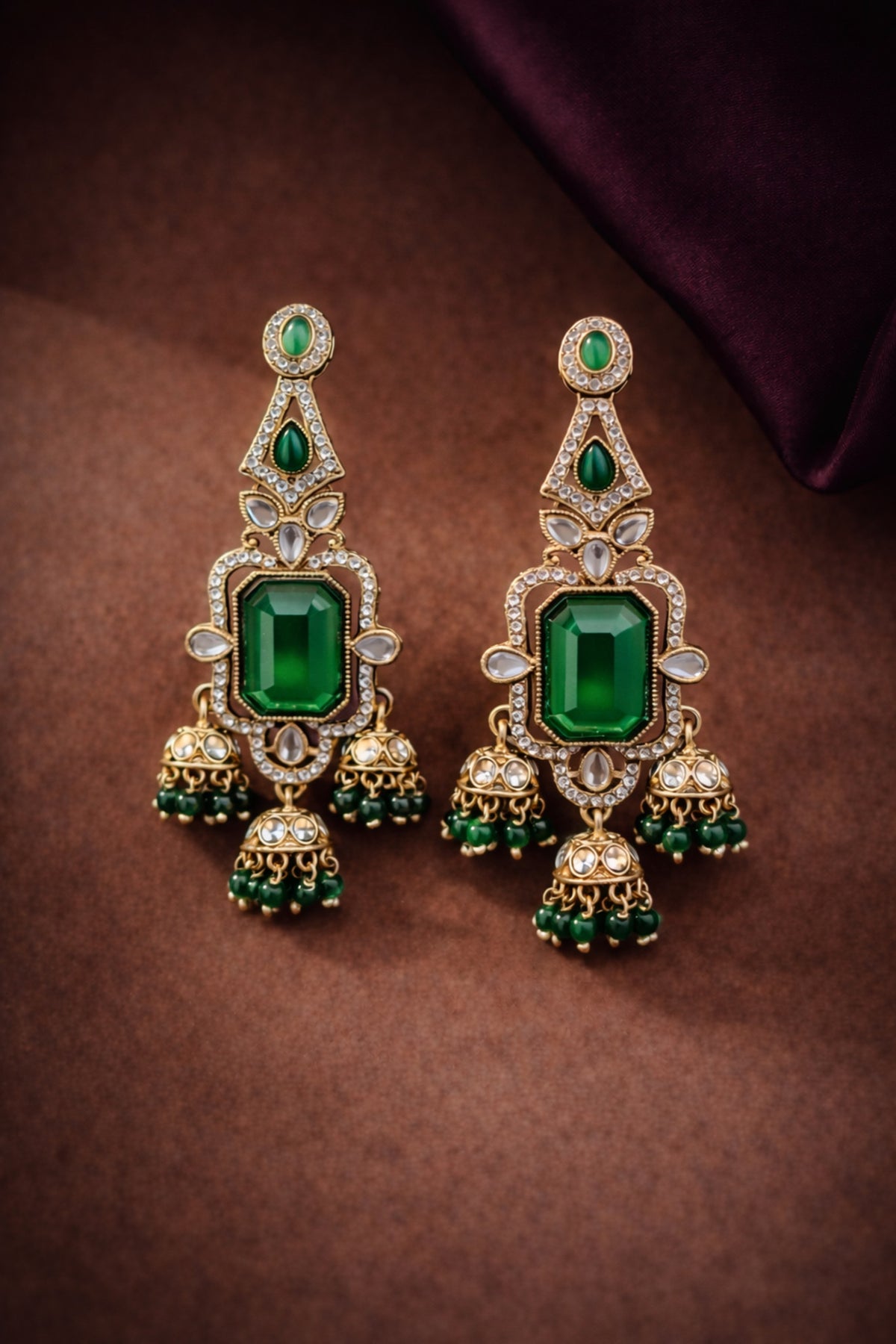 Quartz Royal AD jhumki earrings in emerald green