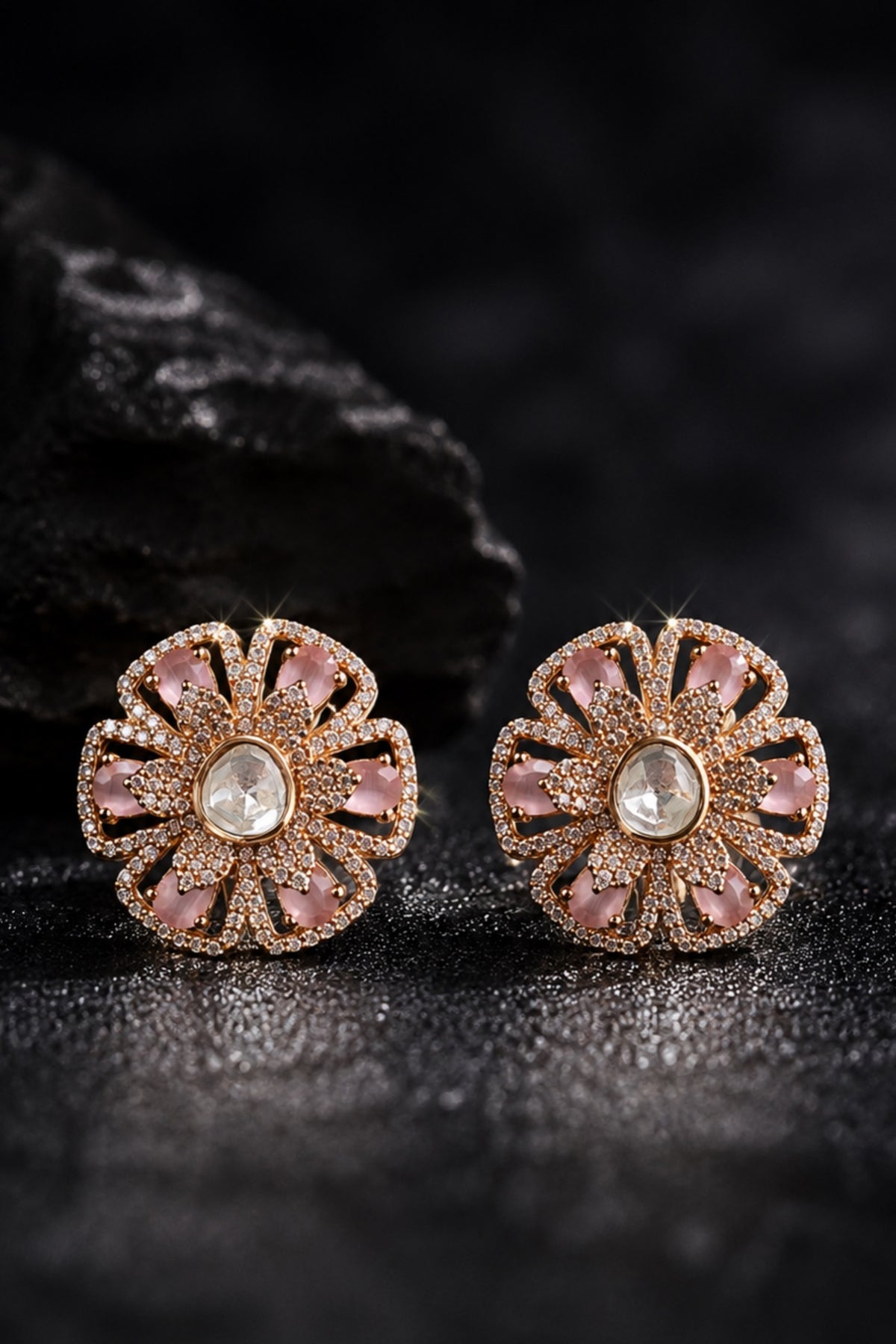 Flower AD and moissanite studs with baby pink stones
