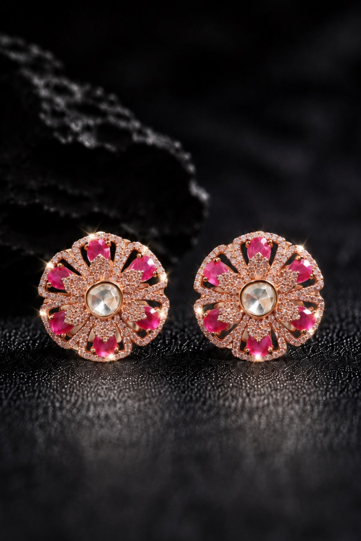 Flower AD and moissanite studs with ruby pink stones