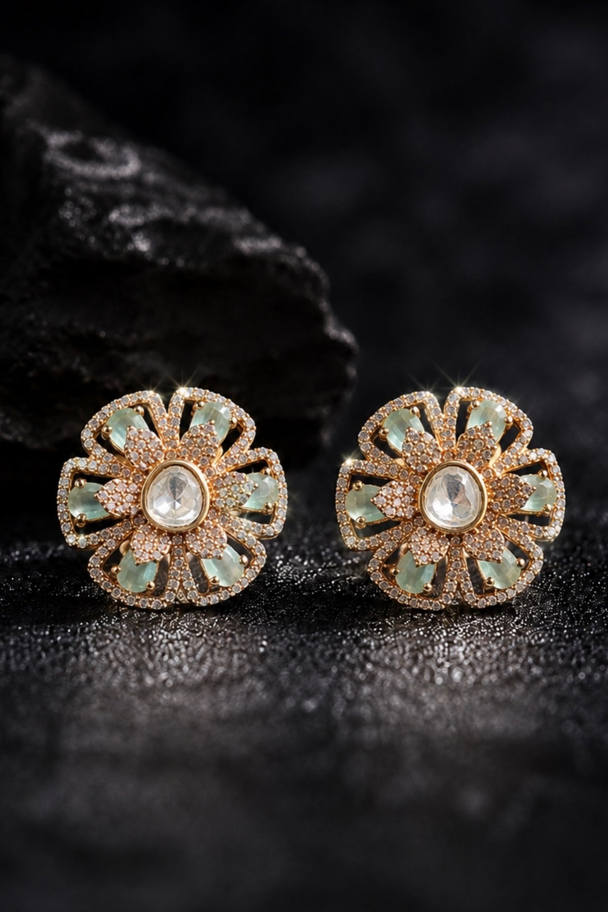 Flower AD and moissanite studs with mint green stones