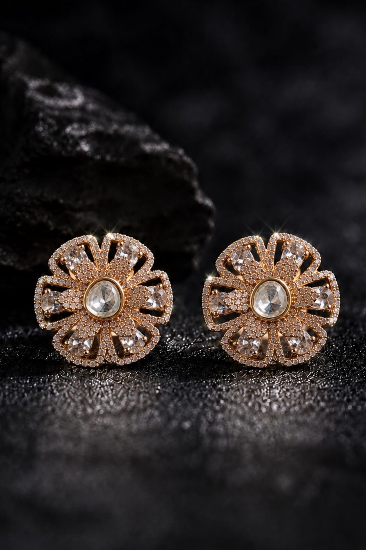 Flower AD and moissanite studs with clear stones