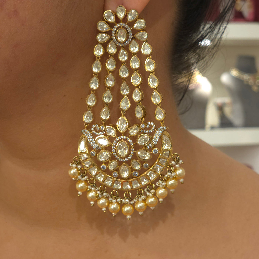 Shaila long moissanite polki earrings detail