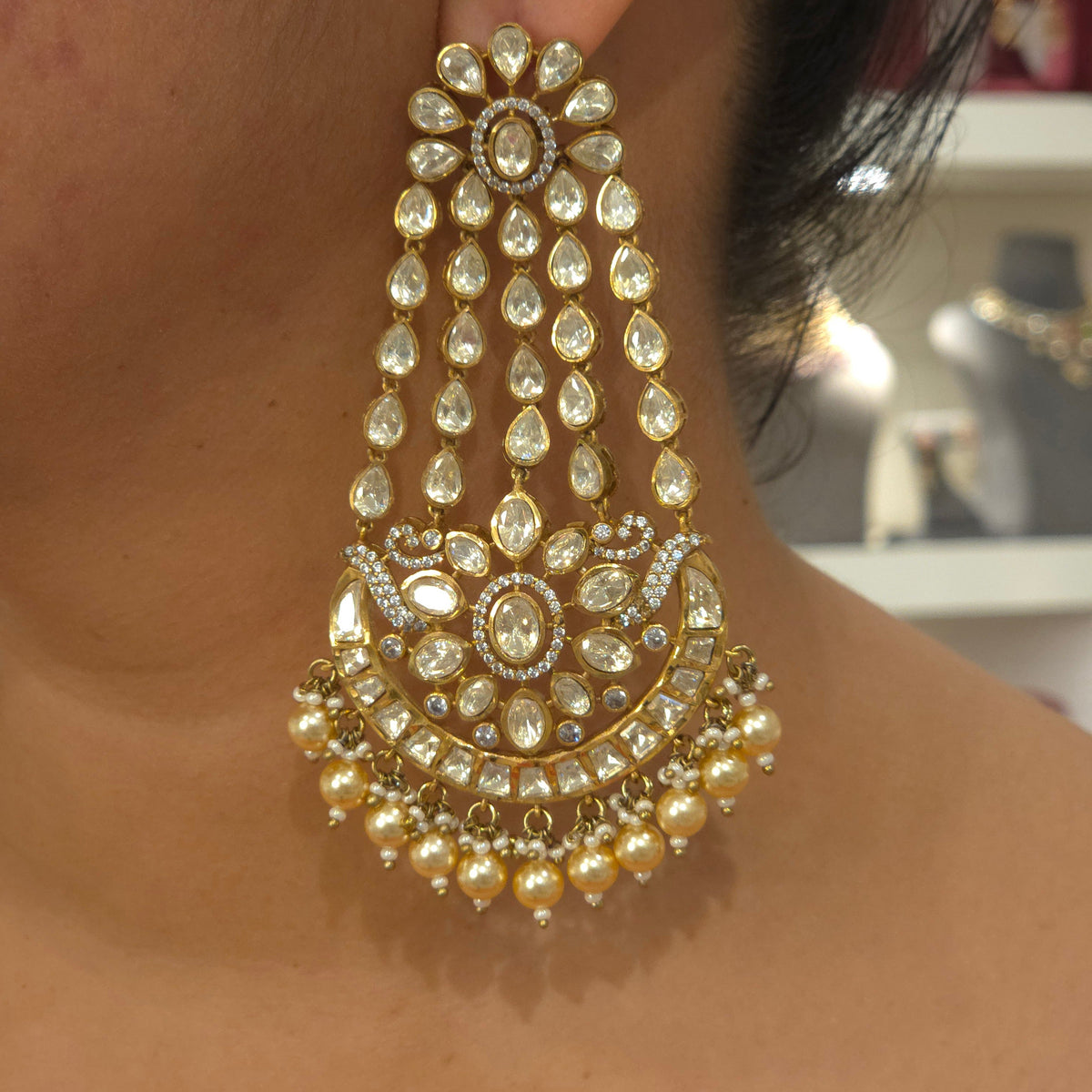 Shaila long moissanite polki earrings detail
