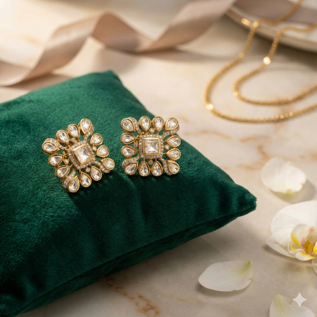 Chandni moissanite polki studs in dull gold
