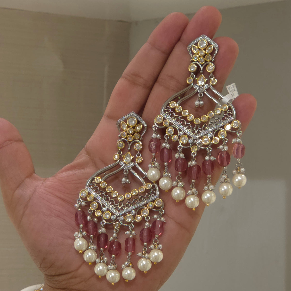Tarini polki earrings with mint and wine beads